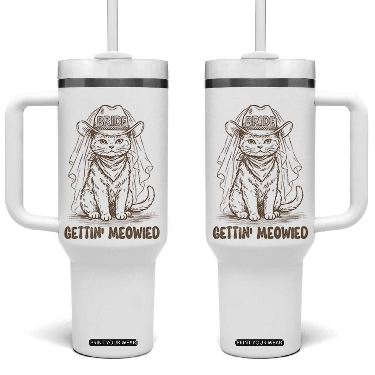 Cowgirl Bride Cat Tumbler With Handle Vintage Cow Cat Rodeo Bachelorette TS10 One Size: 40 oz White Print Your Wear
