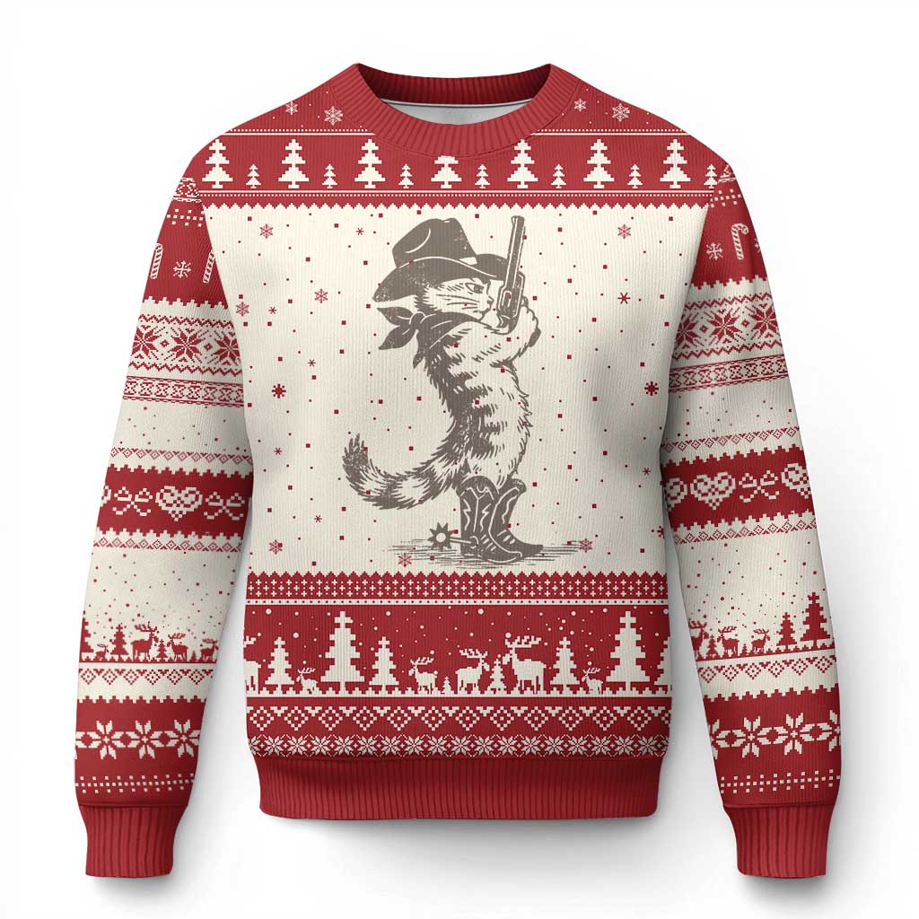 Vintage Cowboy Cat Ugly Christmas Sweater Retro 90s Western Country Rodeo Kitten Cowgirl TS10 Beige Red Print Your Wear
