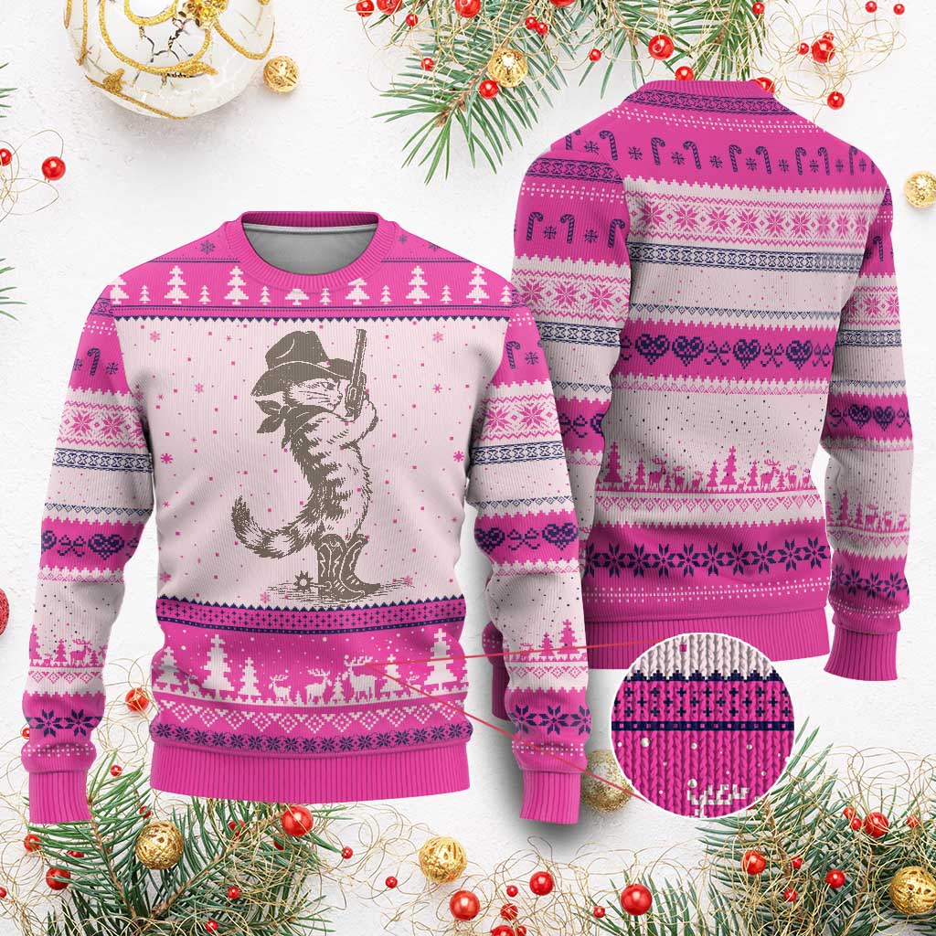 Vintage Cowboy Cat Ugly Christmas Sweater Retro 90s Western Country Rodeo Kitten Cowgirl TS10 Hot Pink Print Your Wear