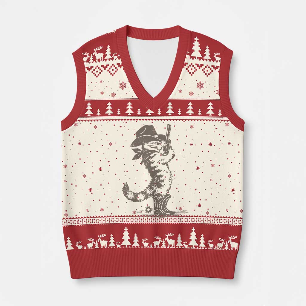 Vintage Cowboy Cat V-Neck Knit Sweater Vest Retro 90s Western Country Rodeo Kitten Cowgirl TS10 Beige Red Print Your Wear