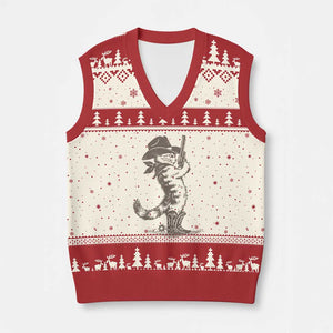 Vintage Cowboy Cat V-Neck Knit Sweater Vest Retro 90s Western Country Rodeo Kitten Cowgirl TS10 Beige Red Print Your Wear
