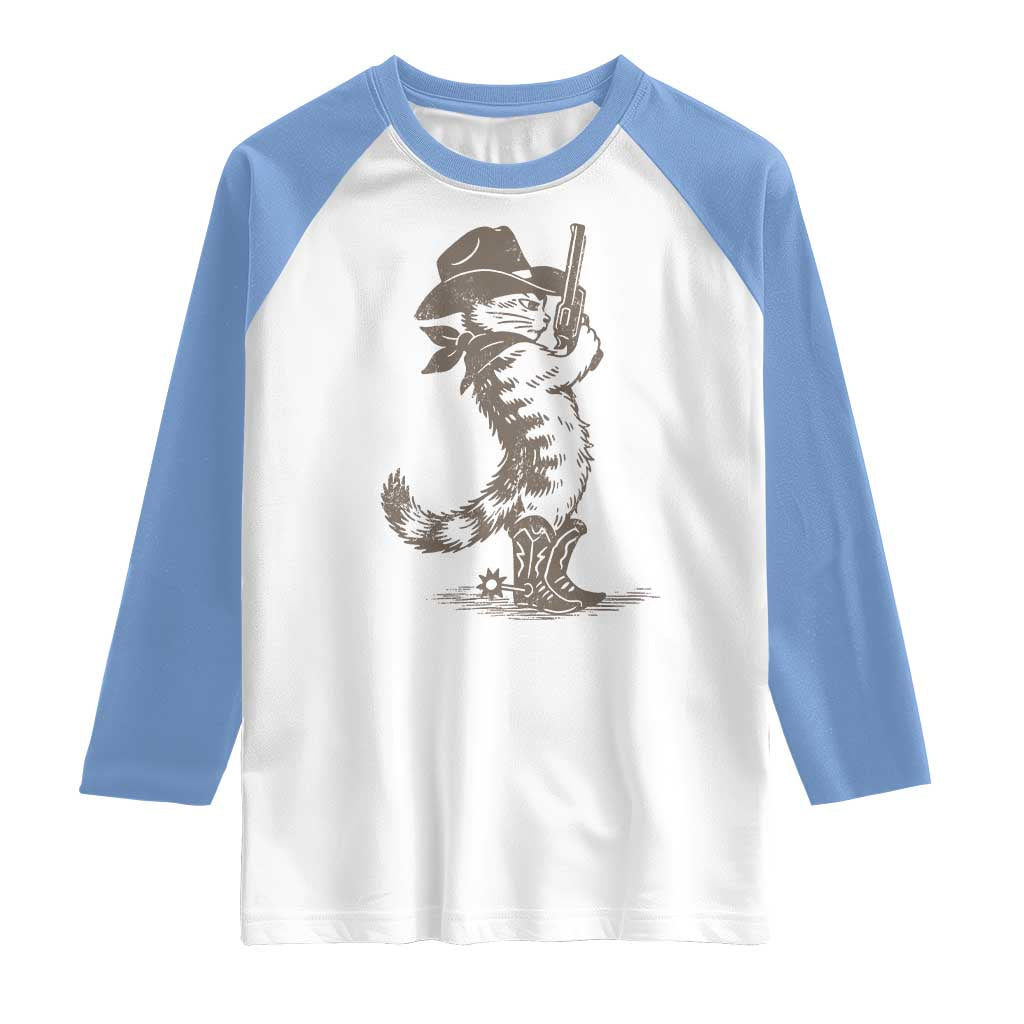 Vintage Cowboy Cat Raglan Shirt Retro 90s Western Country Rodeo Kitten Cowgirl TS10 White Carolina Blue Print Your Wear