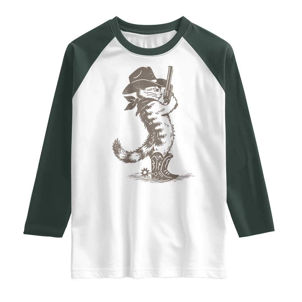 Vintage Cowboy Cat Raglan Shirt Retro 90s Western Country Rodeo Kitten Cowgirl TS10 White Dark Forest Green Print Your Wear