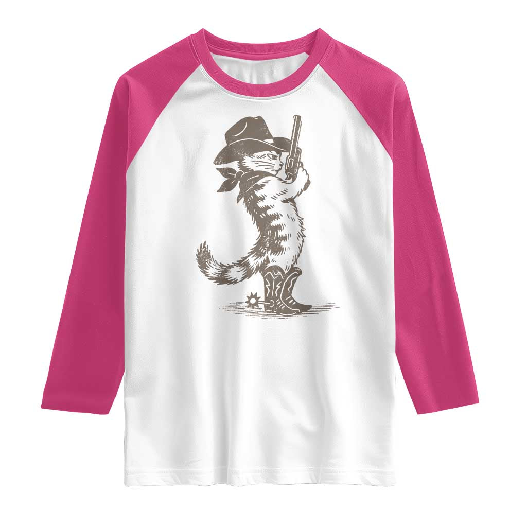Vintage Cowboy Cat Raglan Shirt Retro 90s Western Country Rodeo Kitten Cowgirl TS10 White Heliconia Print Your Wear