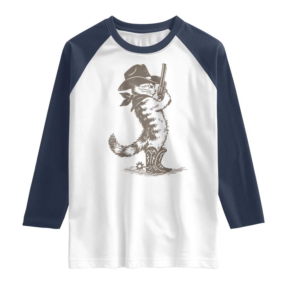 Vintage Cowboy Cat Raglan Shirt Retro 90s Western Country Rodeo Kitten Cowgirl TS10 White Navy Print Your Wear