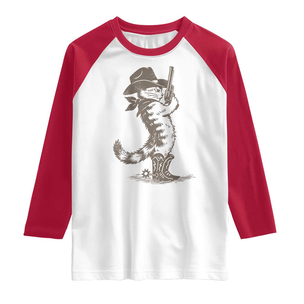 Vintage Cowboy Cat Raglan Shirt Retro 90s Western Country Rodeo Kitten Cowgirl TS10 White Red Print Your Wear