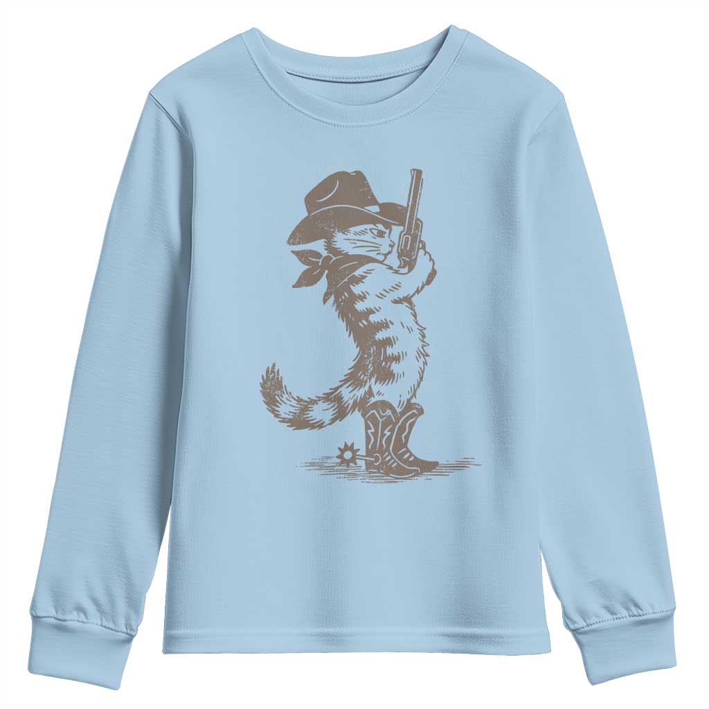 Vintage Cowboy Cat Youth Sweatshirt Retro 90s Western Country Rodeo Kitten Cowgirl TS10 Light Blue Print Your Wear