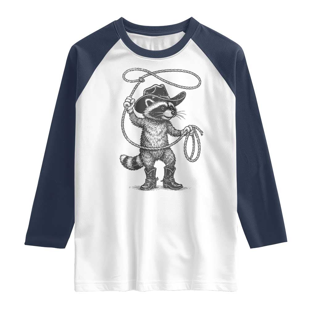 Vintage Raccoon Cowboy Raglan Shirt Cowgirl Trash Panda Western Country Meme TS10 White Navy Print Your Wear