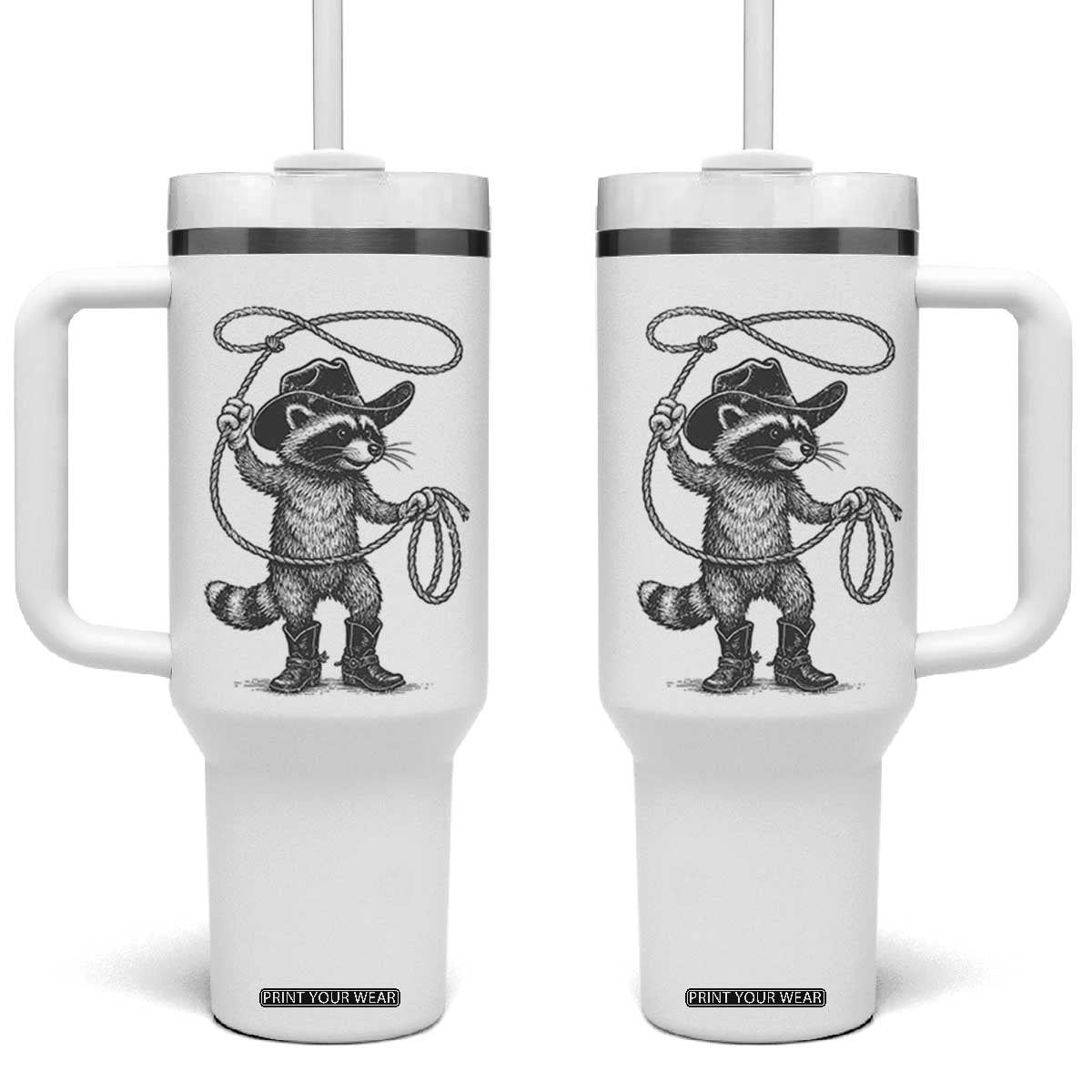 Vintage Raccoon Cowboy Tumbler With Handle Cowgirl Trash Panda Western Country Meme TS10 One Size: 40 oz White Print Your Wear
