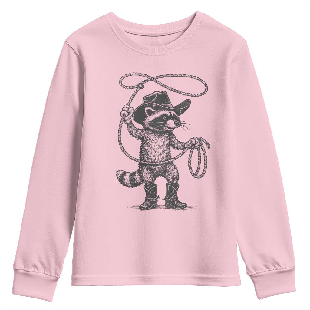 Vintage Raccoon Cowboy Youth Sweatshirt Cowgirl Trash Panda Western Country Meme TS10 Light Pink Print Your Wear