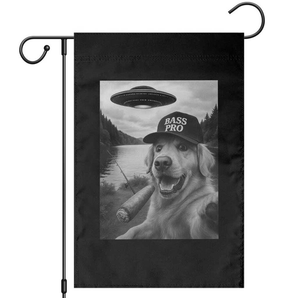 Dog Selfie With Alien UFO Garden Flag Funny Fishing Golden Retriever Smoking Dog Lover TS10 Black Print Your Wear