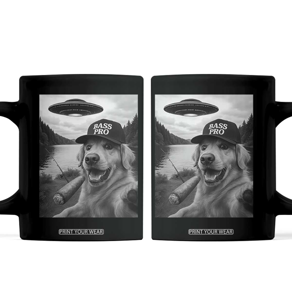 Dog Selfie With Alien UFO Coffee Mug Funny Fishing Golden Retriever Smoking Dog Lover TS10 Black Print Your Wear