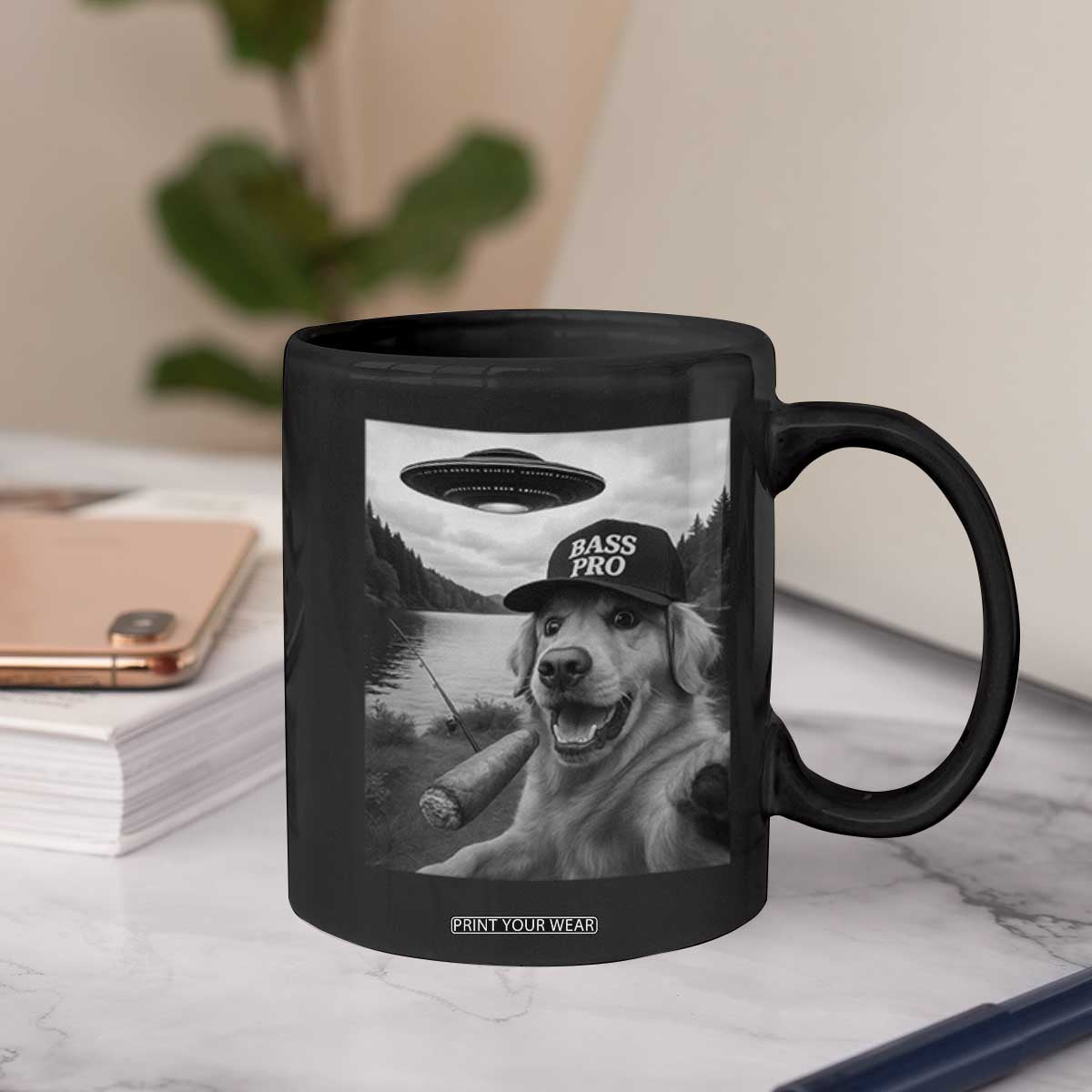 Dog Selfie With Alien UFO Coffee Mug Funny Fishing Golden Retriever Smoking Dog Lover TS10 Print Your Wear