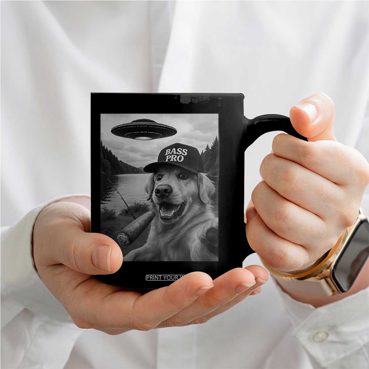 Dog Selfie With Alien UFO Coffee Mug Funny Fishing Golden Retriever Smoking Dog Lover TS10 Print Your Wear