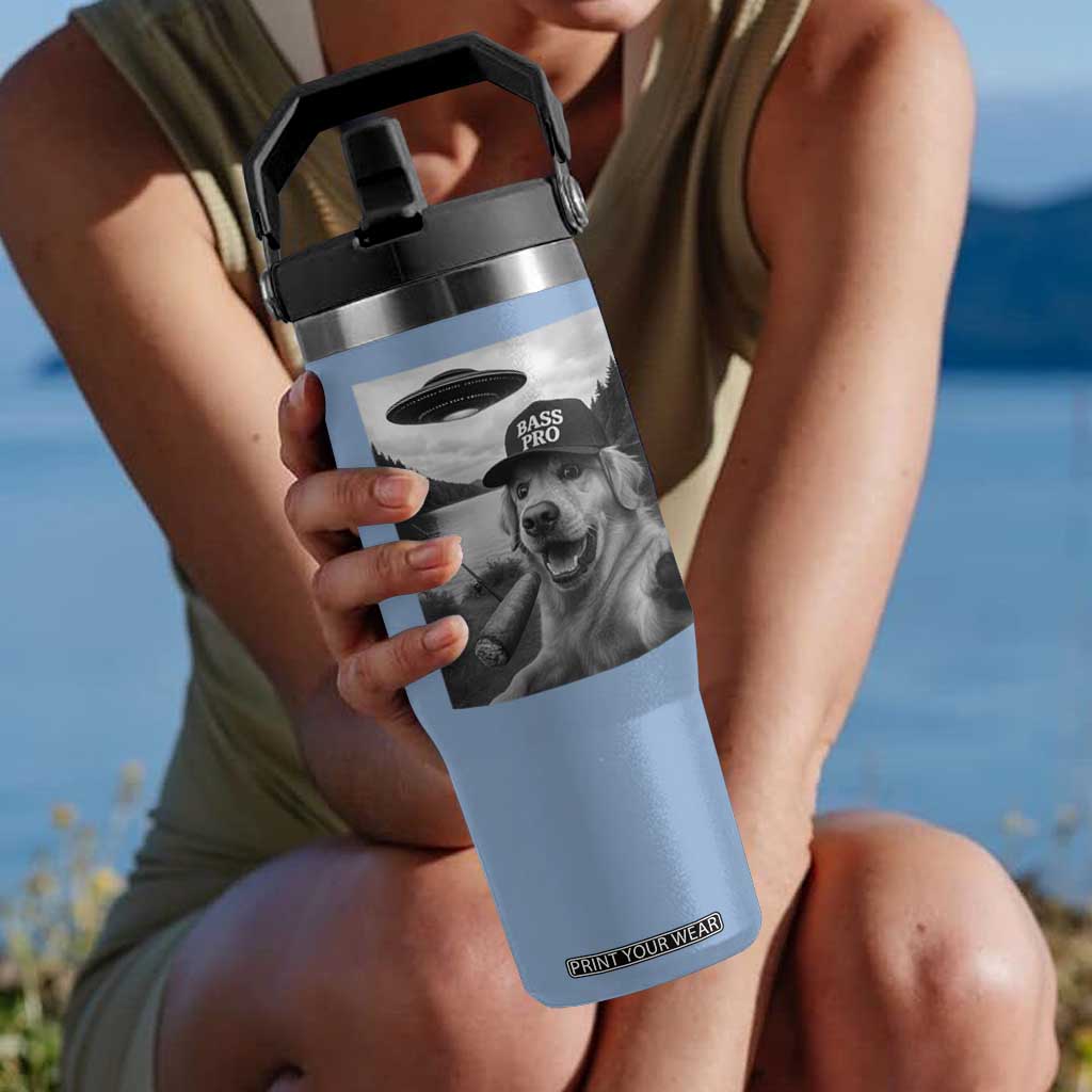 Dog Selfie With Alien UFO Flip Straw Tumbler Funny Fishing Golden Retriever Smoking Dog Lover TS10 One Size: 30 oz Light Blue Print Your Wear