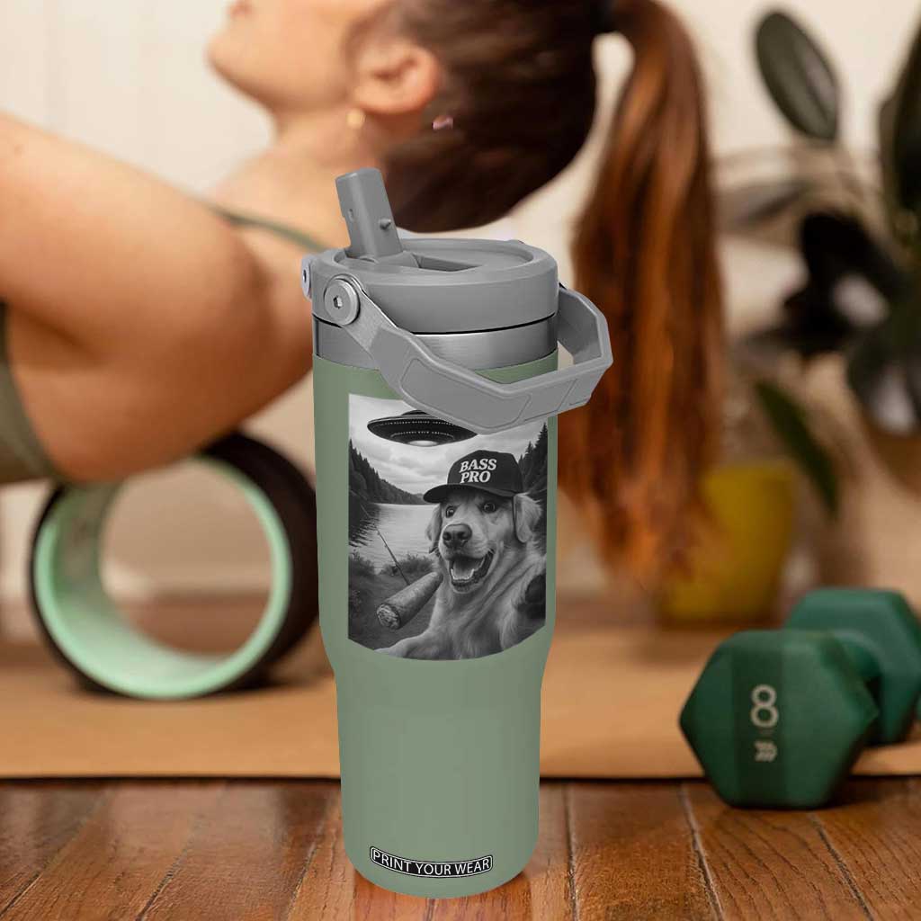 Dog Selfie With Alien UFO Flip Straw Tumbler Funny Fishing Golden Retriever Smoking Dog Lover TS10 One Size: 30 oz Moss Green Print Your Wear