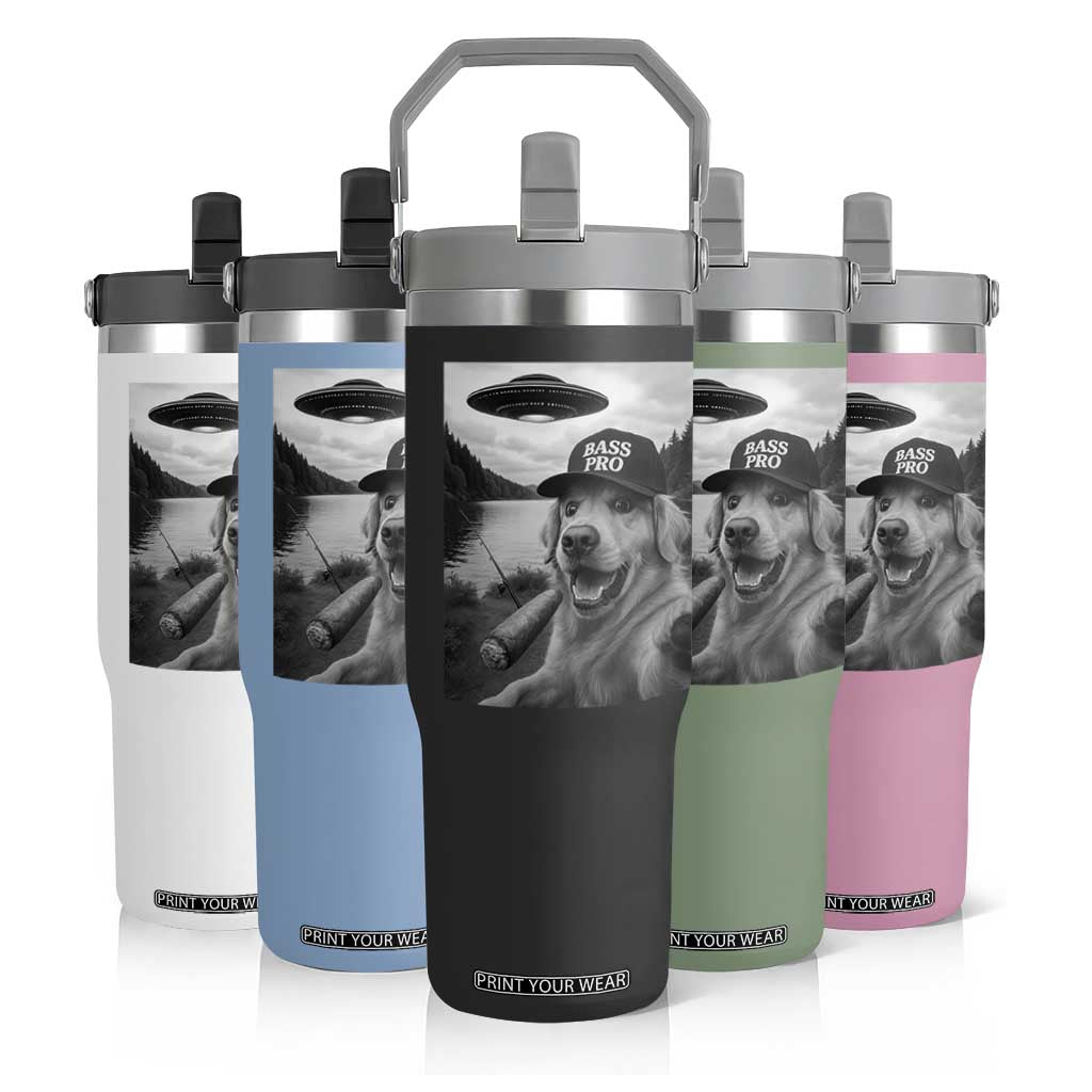 Dog Selfie With Alien UFO Flip Straw Tumbler Funny Fishing Golden Retriever Smoking Dog Lover TS10 Print Your Wear