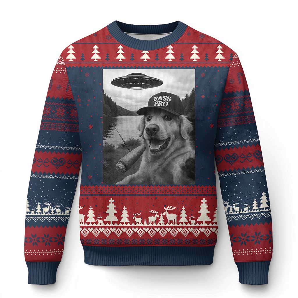 Dog Selfie With Alien UFO Ugly Christmas Sweater Funny Fishing Golden Retriever Smoking Dog Lover TS10 Navy Red Print Your Wear