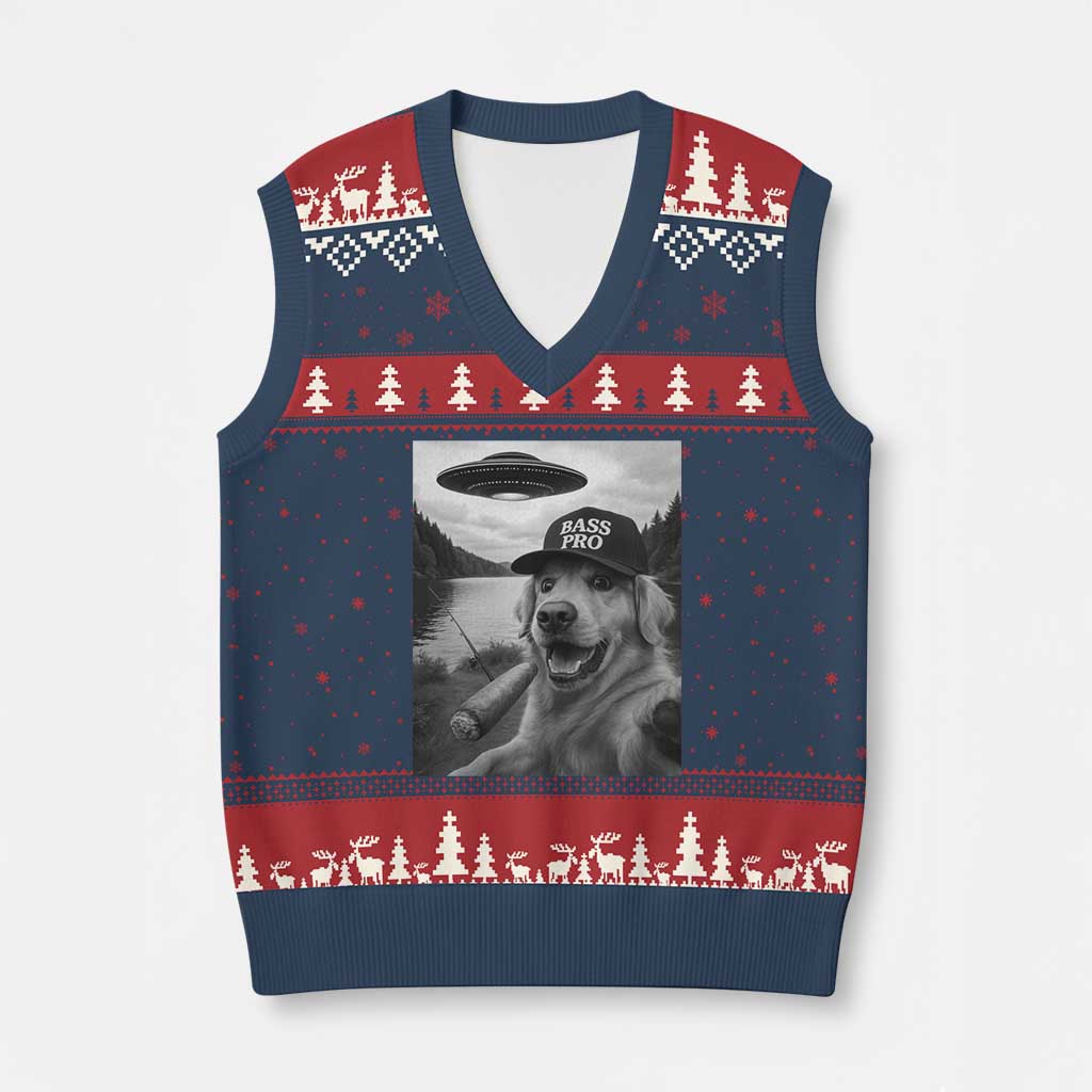 Dog Selfie With Alien UFO V-Neck Knit Sweater Vest Funny Fishing Golden Retriever Smoking Dog Lover TS10 Navy Red Print Your Wear