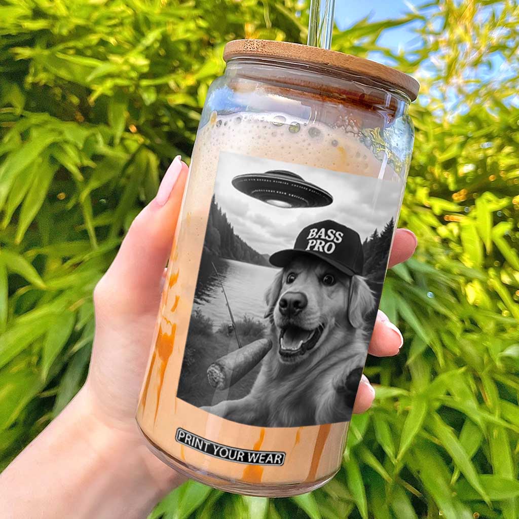 Dog Selfie With Alien UFO Glass Can Funny Fishing Golden Retriever Smoking Dog Lover TS10 Black Print Your Wear
