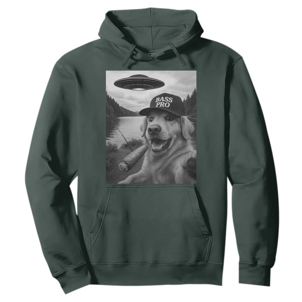 Dog Selfie With Alien UFO Hoodie Funny Fishing Golden Retriever Smoking Dog Lover TS10 Dark Forest Green Print Your Wear