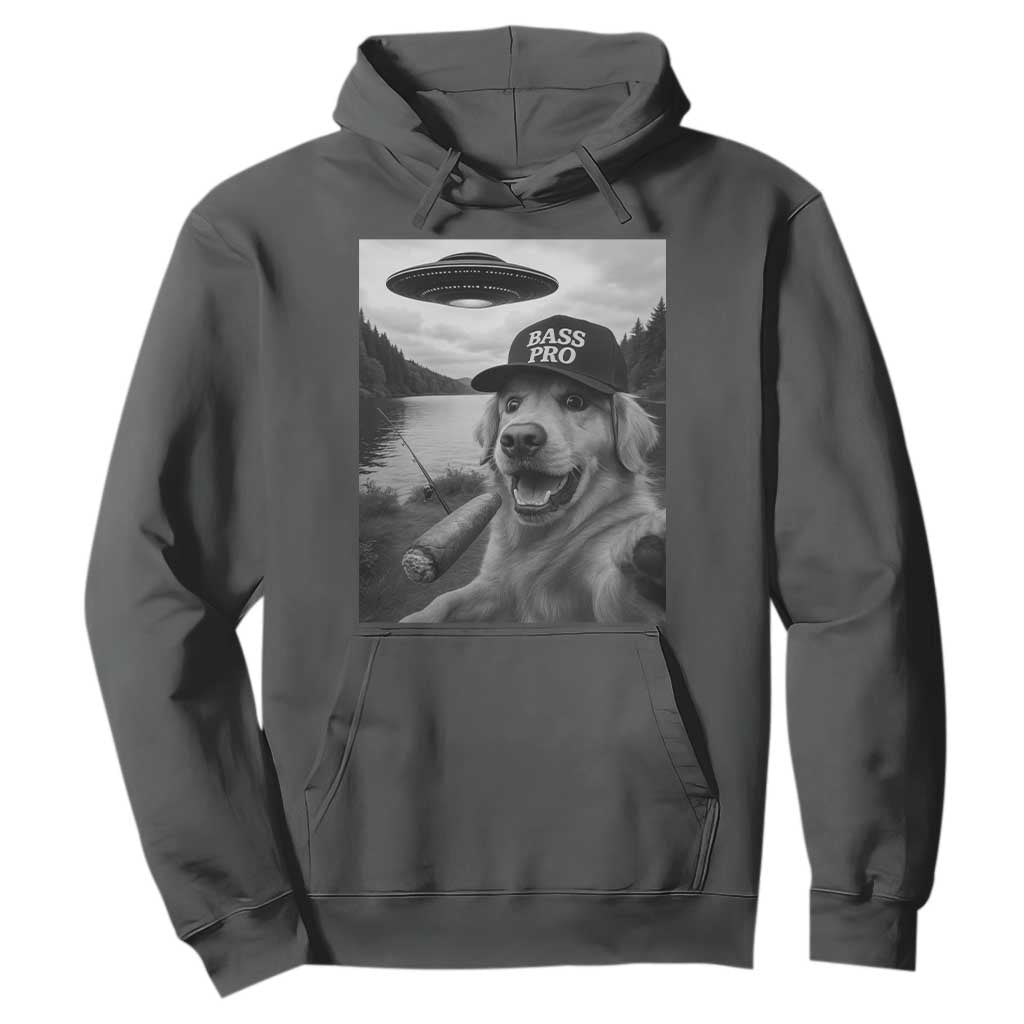 Dog Selfie With Alien UFO Hoodie Funny Fishing Golden Retriever Smoking Dog Lover TS10 Dark Heather Print Your Wear