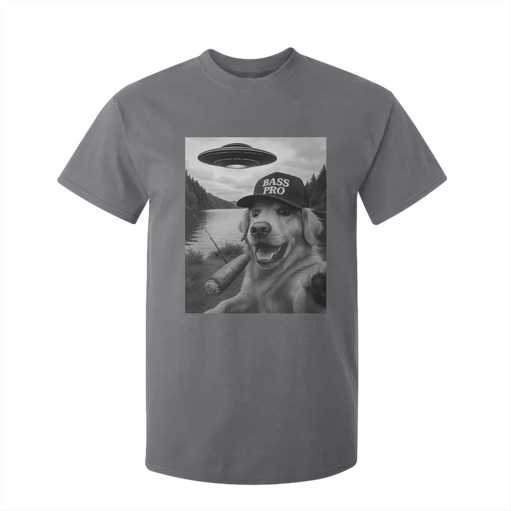 Dog Selfie With Alien UFO T Shirt For Kid Funny Fishing Golden Retriever Smoking Dog Lover TS10 Charcoal Print Your Wear