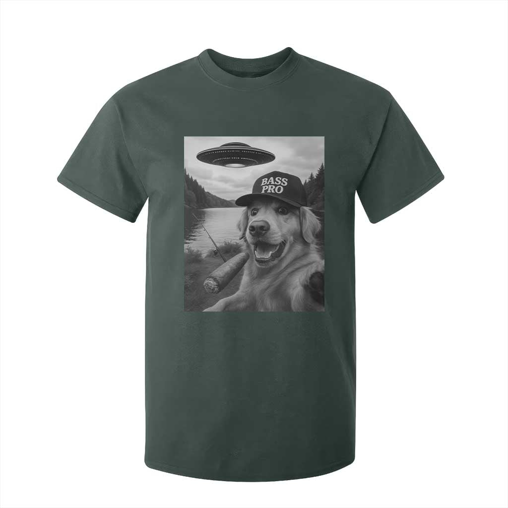 Dog Selfie With Alien UFO T Shirt For Kid Funny Fishing Golden Retriever Smoking Dog Lover TS10 Dark Forest Green Print Your Wear