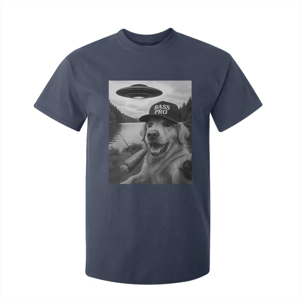 Dog Selfie With Alien UFO T Shirt For Kid Funny Fishing Golden Retriever Smoking Dog Lover TS10 Navy Print Your Wear
