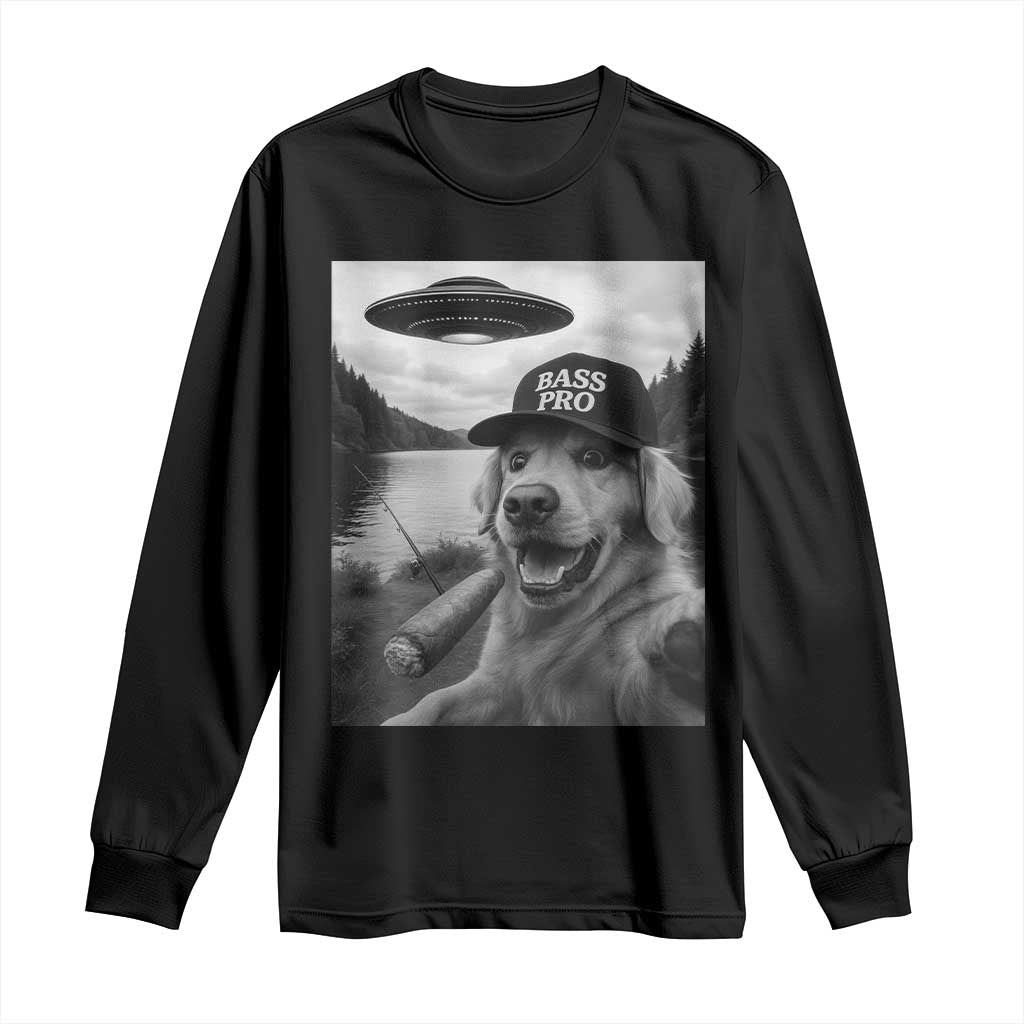 Dog Selfie With Alien UFO Long Sleeve Shirt Funny Fishing Golden Retriever Smoking Dog Lover TS10 Black Print Your Wear