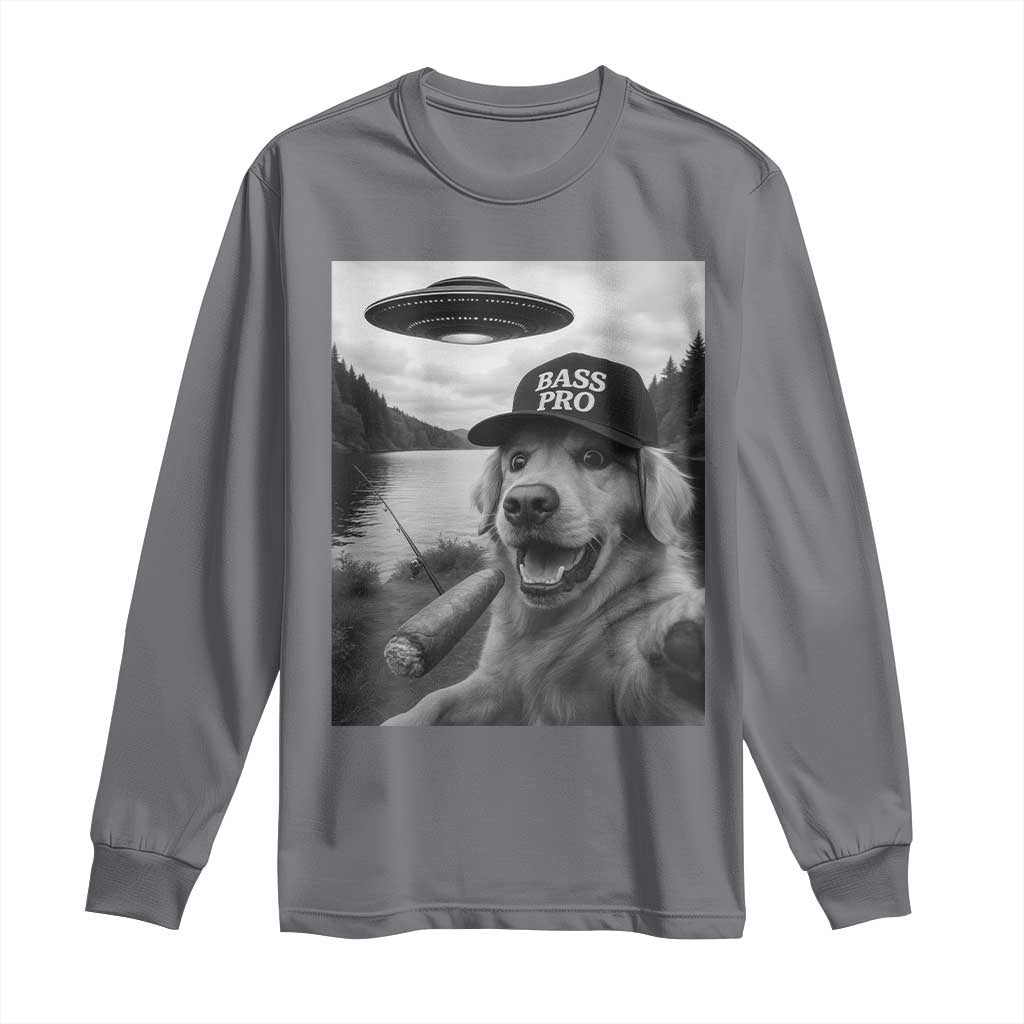 Dog Selfie With Alien UFO Long Sleeve Shirt Funny Fishing Golden Retriever Smoking Dog Lover TS10 Charcoal Print Your Wear