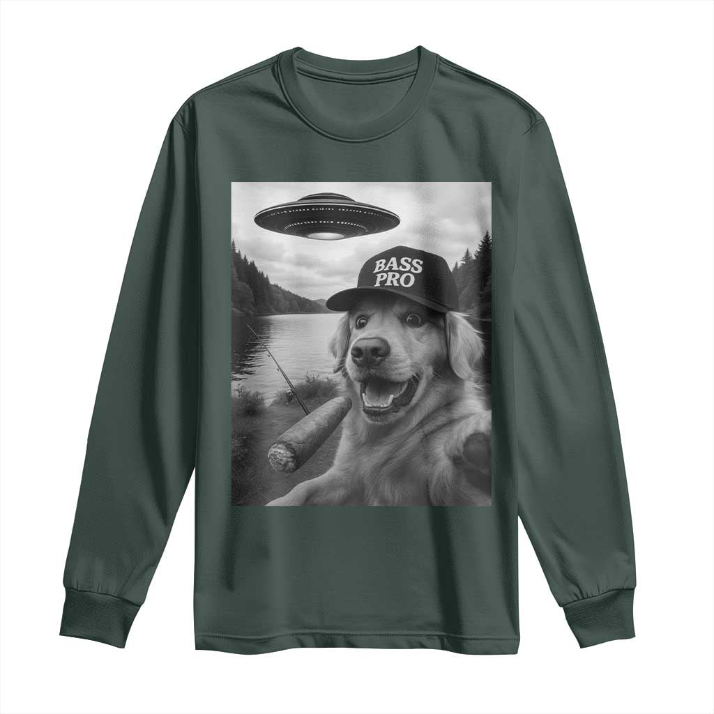 Dog Selfie With Alien UFO Long Sleeve Shirt Funny Fishing Golden Retriever Smoking Dog Lover TS10 Dark Forest Green Print Your Wear
