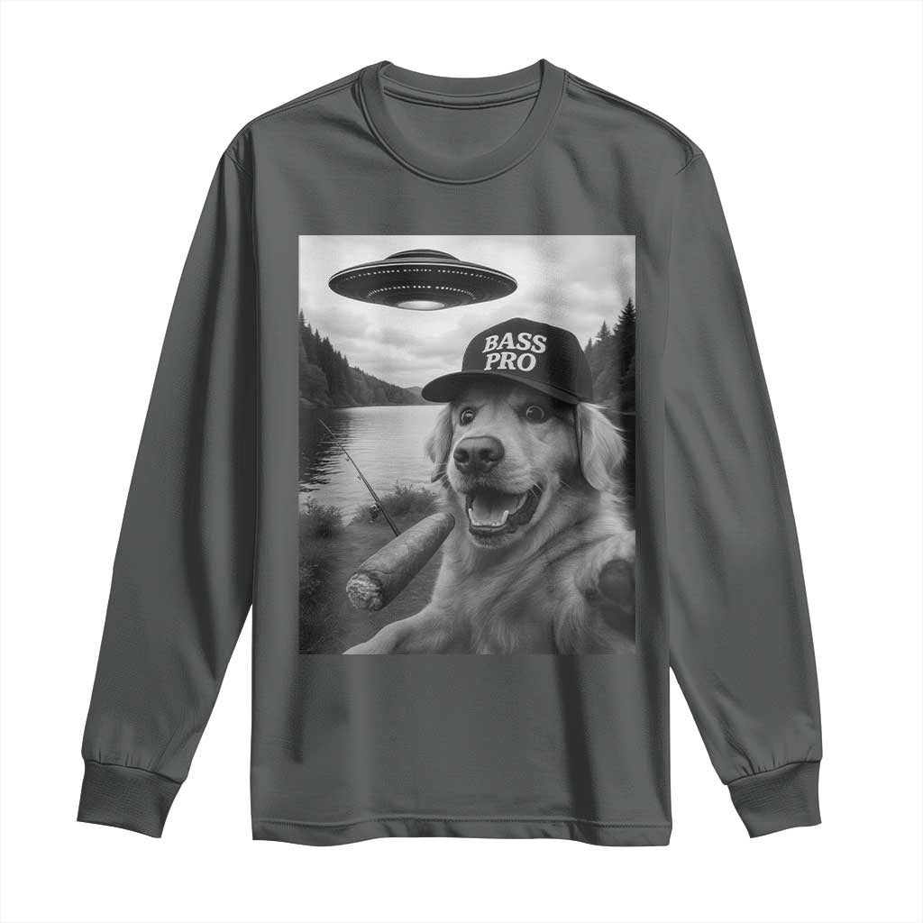 Dog Selfie With Alien UFO Long Sleeve Shirt Funny Fishing Golden Retriever Smoking Dog Lover TS10 Dark Heather Print Your Wear
