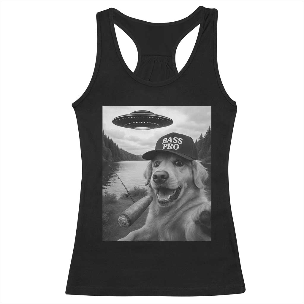 Dog Selfie With Alien UFO Racerback Tank Top Funny Fishing Golden Retriever Smoking Dog Lover TS10 Black Print Your Wear