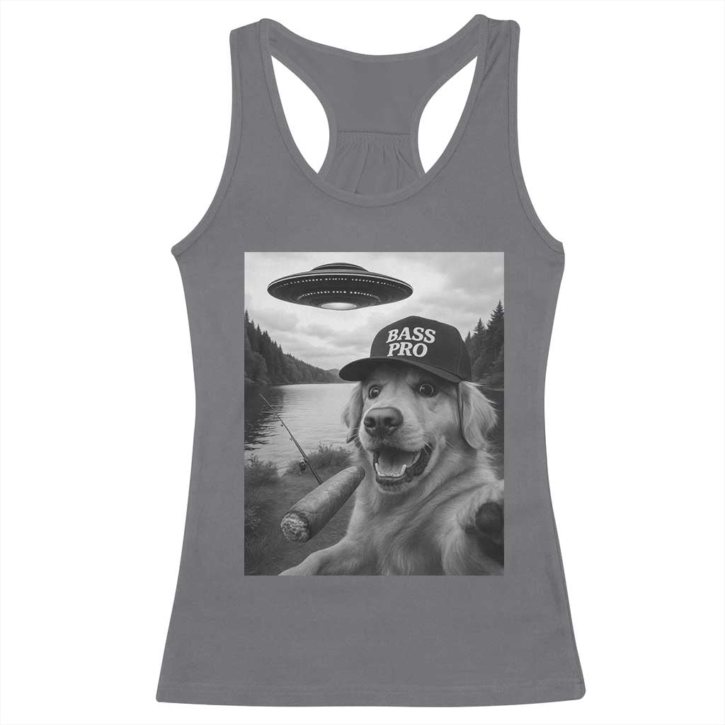 Dog Selfie With Alien UFO Racerback Tank Top Funny Fishing Golden Retriever Smoking Dog Lover TS10 Charcoal Print Your Wear