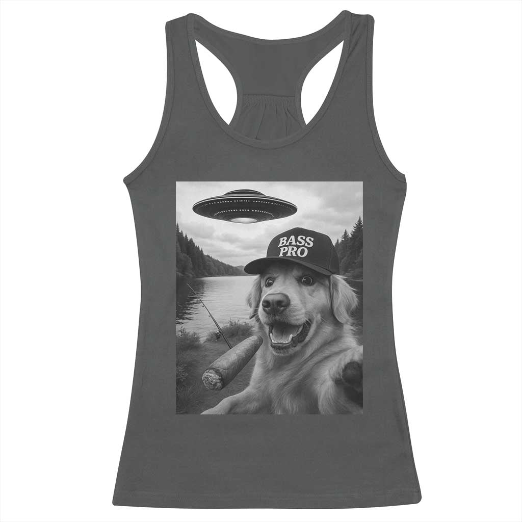 Dog Selfie With Alien UFO Racerback Tank Top Funny Fishing Golden Retriever Smoking Dog Lover TS10 Dark Heather Print Your Wear