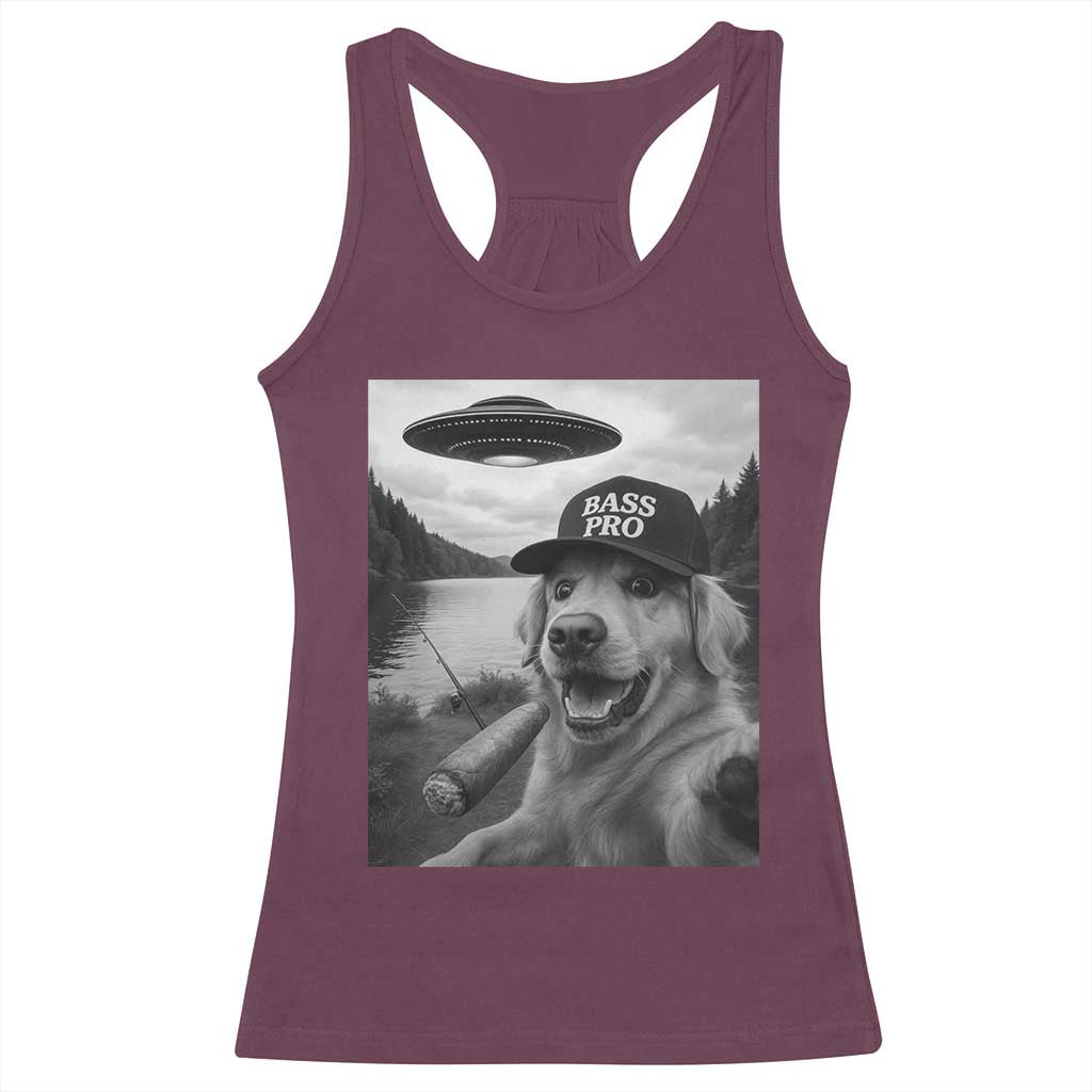 Dog Selfie With Alien UFO Racerback Tank Top Funny Fishing Golden Retriever Smoking Dog Lover TS10 Maroon Print Your Wear