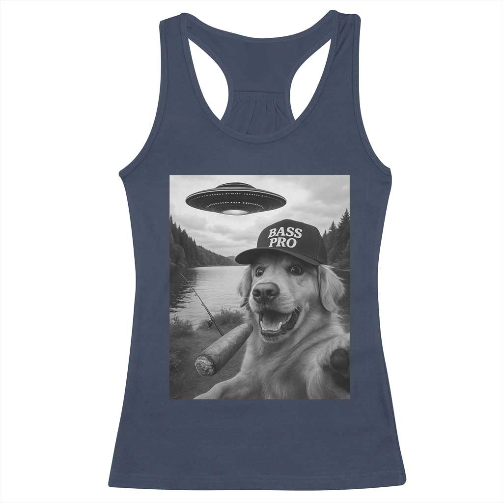 Dog Selfie With Alien UFO Racerback Tank Top Funny Fishing Golden Retriever Smoking Dog Lover TS10 Navy Print Your Wear