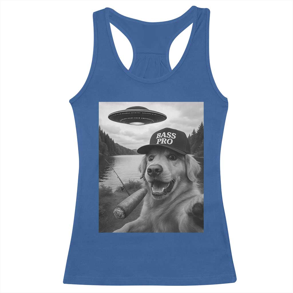 Dog Selfie With Alien UFO Racerback Tank Top Funny Fishing Golden Retriever Smoking Dog Lover TS10 Royal Blue Print Your Wear