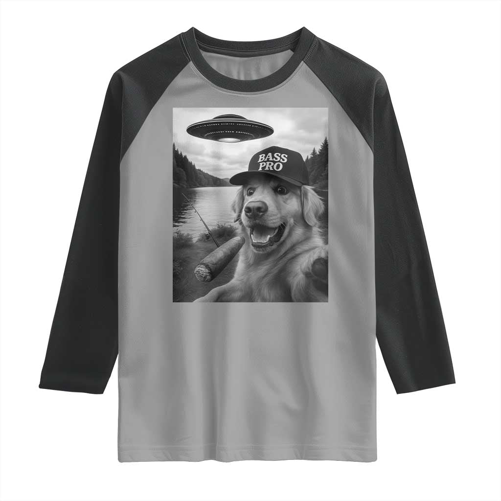 Dog Selfie With Alien UFO Raglan Shirt Funny Fishing Golden Retriever Smoking Dog Lover TS10 Sport Gray Black Print Your Wear