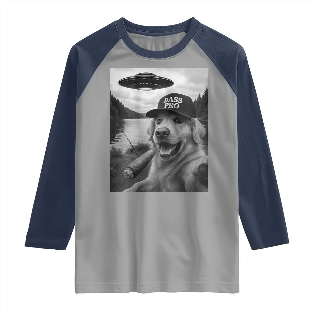Dog Selfie With Alien UFO Raglan Shirt Funny Fishing Golden Retriever Smoking Dog Lover TS10 Sport Gray Navy Print Your Wear