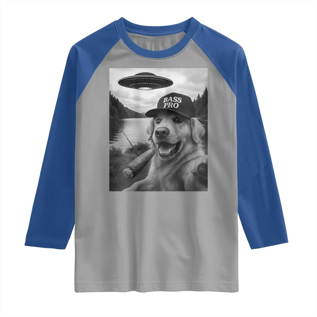 Dog Selfie With Alien UFO Raglan Shirt Funny Fishing Golden Retriever Smoking Dog Lover TS10 Sport Gray Royal Print Your Wear