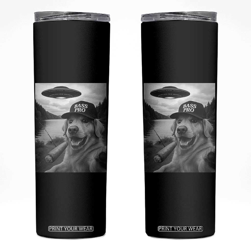 Dog Selfie With Alien UFO Skinny Tumbler Funny Fishing Golden Retriever Smoking Dog Lover TS10 Black Print Your Wear