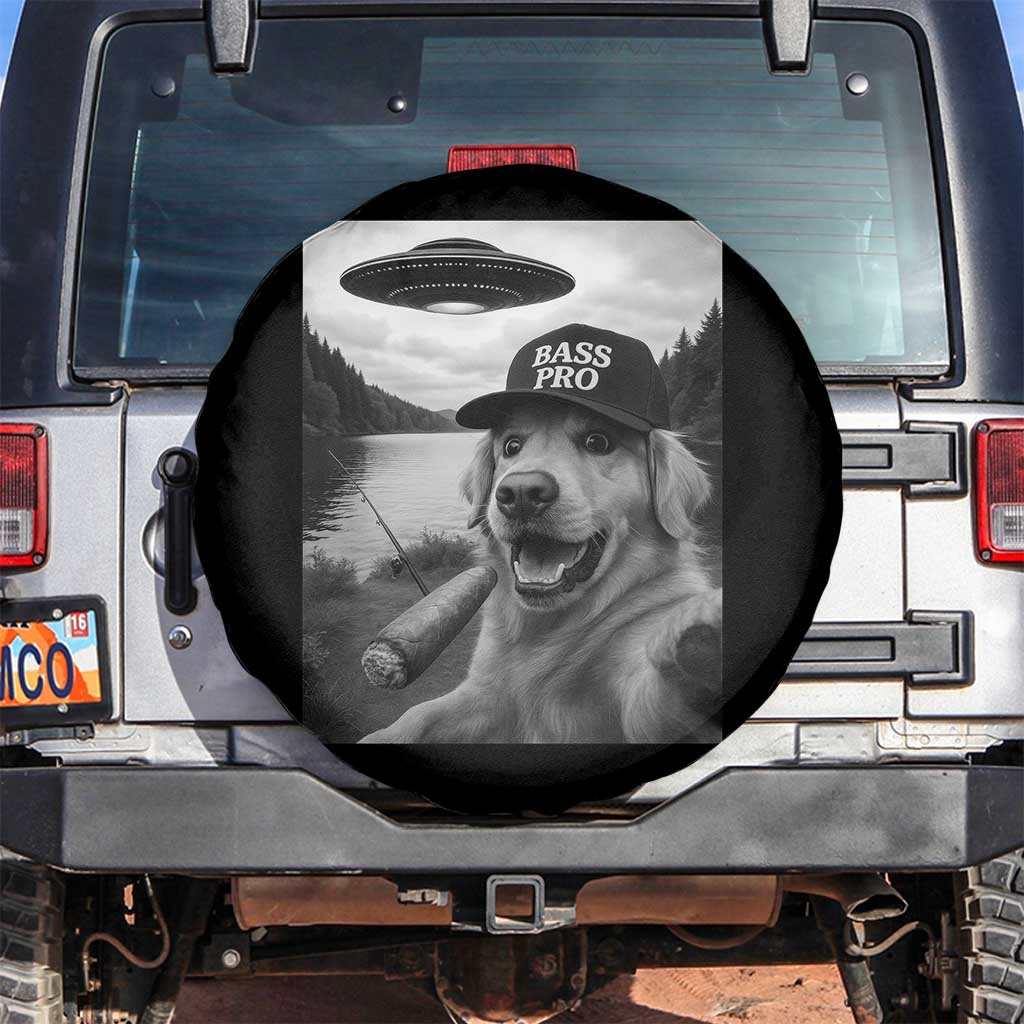 Dog Selfie With Alien UFO Spare Tire Cover Funny Fishing Golden Retriever Smoking Dog Lover TS10 No hole Black Print Your Wear