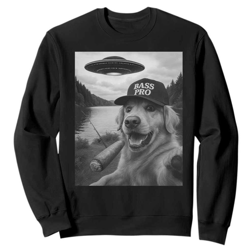 Dog Selfie With Alien UFO Sweatshirt Funny Fishing Golden Retriever Smoking Dog Lover TS10 Black Print Your Wear