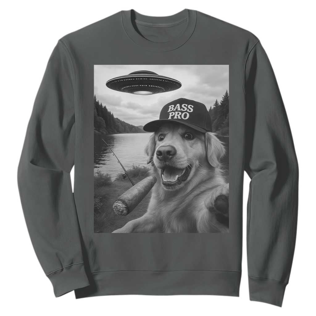 Dog Selfie With Alien UFO Sweatshirt Funny Fishing Golden Retriever Smoking Dog Lover TS10 Dark Heather Print Your Wear