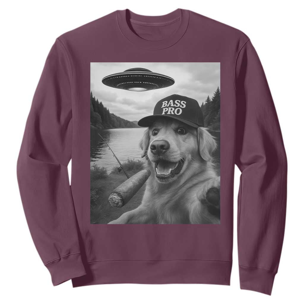 Dog Selfie With Alien UFO Sweatshirt Funny Fishing Golden Retriever Smoking Dog Lover TS10 Maroon Print Your Wear