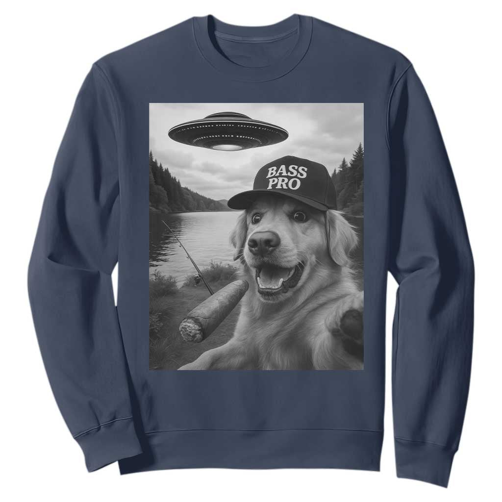 Dog Selfie With Alien UFO Sweatshirt Funny Fishing Golden Retriever Smoking Dog Lover TS10 Navy Print Your Wear