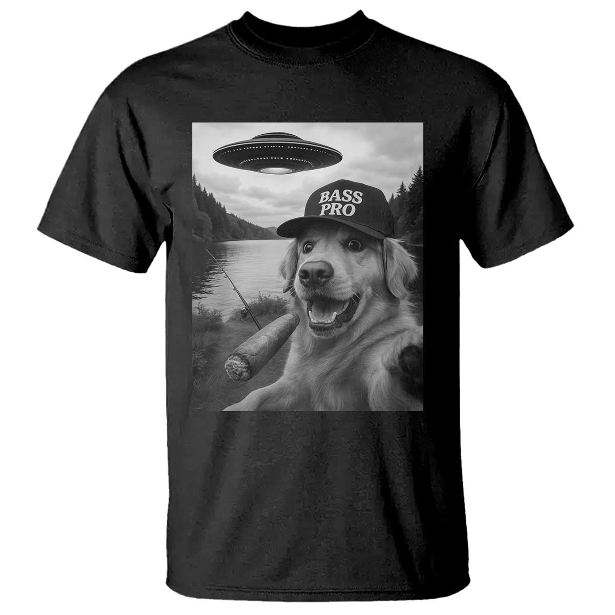 Dog Selfie With Alien UFO T Shirt Funny Fishing Golden Retriever Smoking Dog Lover TS10 Black Print Your Wear
