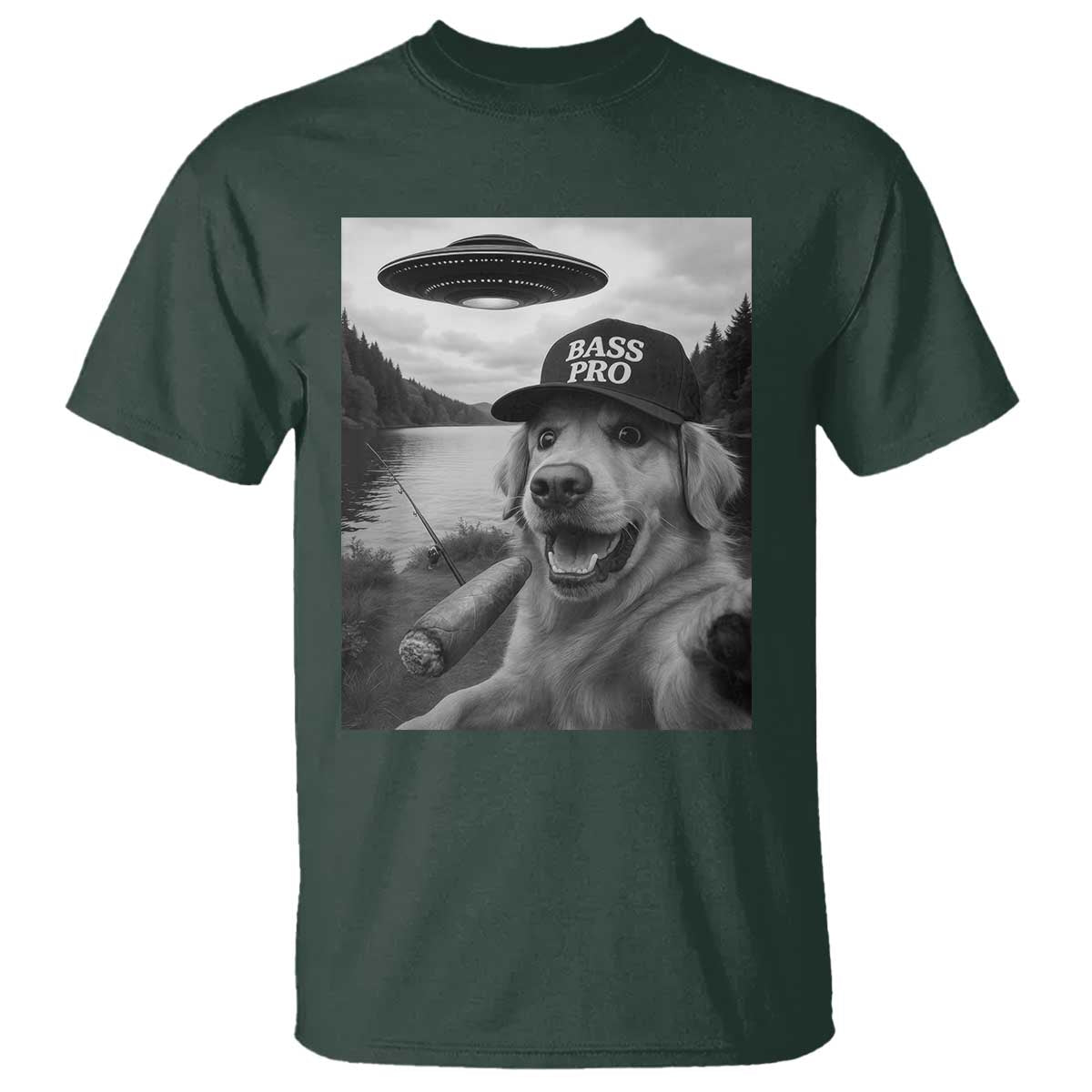 Dog Selfie With Alien UFO T Shirt Funny Fishing Golden Retriever Smoking Dog Lover TS10 Dark Forest Green Print Your Wear